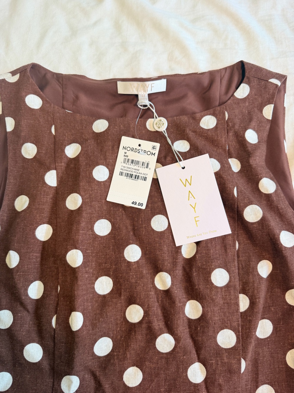 Women’s Wayf Brown Polka Dot Blouse with Cream Dots NWT